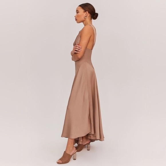 NWOT FAME AND PARTNERS Zephyra Matte Satin Asymmetrical Maxi Dress in Dark Tan - Picture 7 of 14